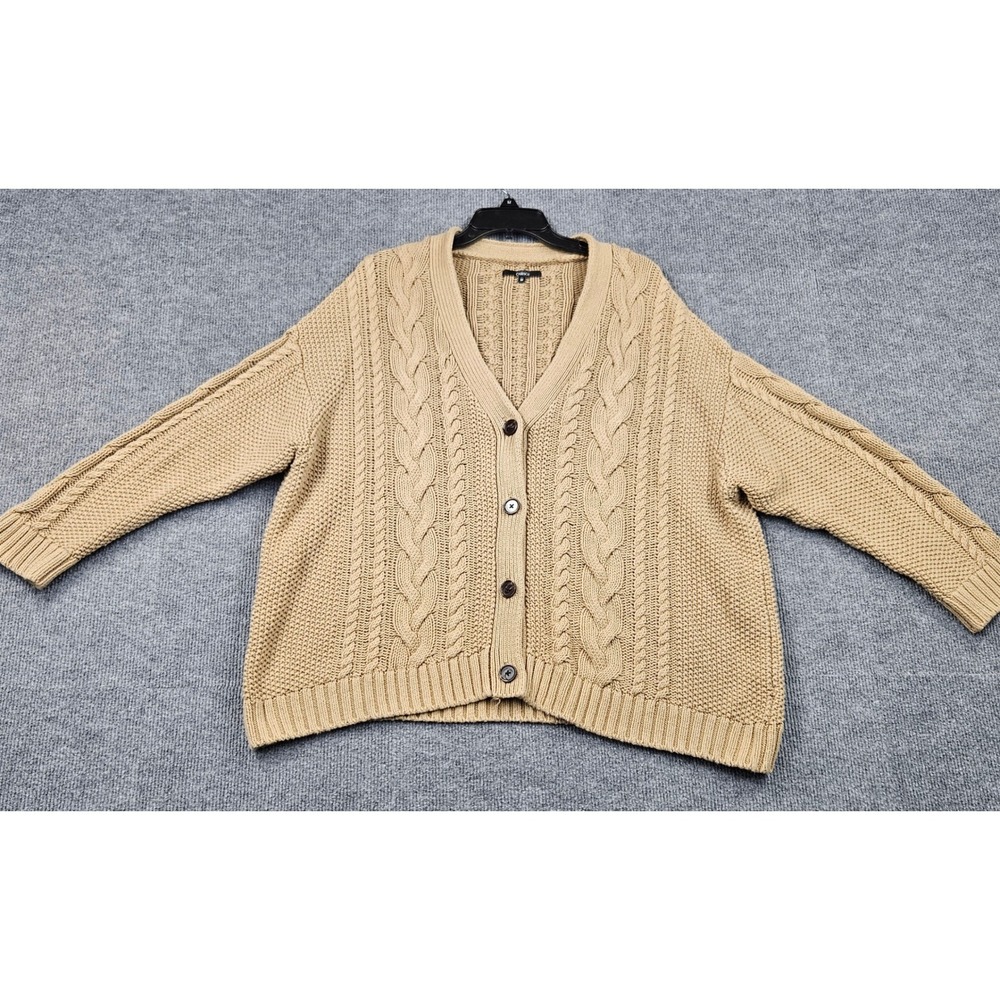 Quince Organic Cotton Cable Knit Cardigan Sweater Tan Beige Womens M Preppy